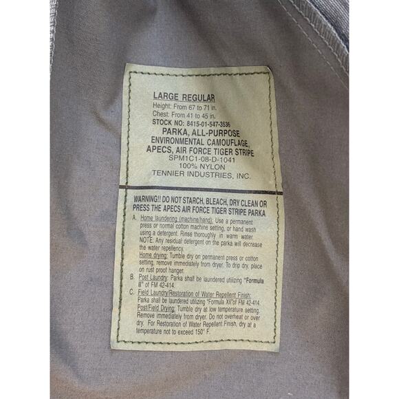 USAF Tiger Stripe Camo Parka Waterproof Jacket Utility Hunter Gear Men’s L - Picture 5 of 5